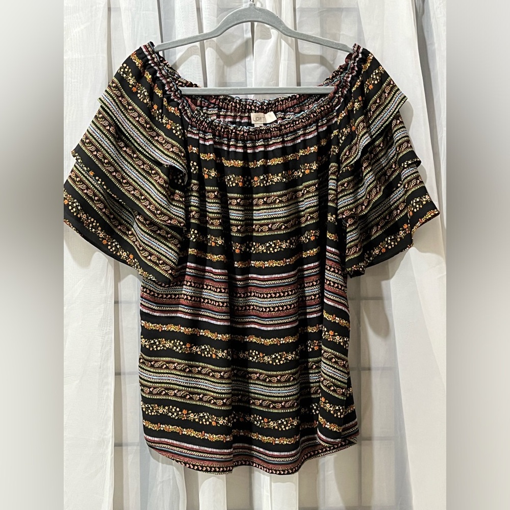 LOFT OFF THE SHOULDER BOHO, Black GEOMETRIC FLORAL BLOUSE, WOMEN SIZE L